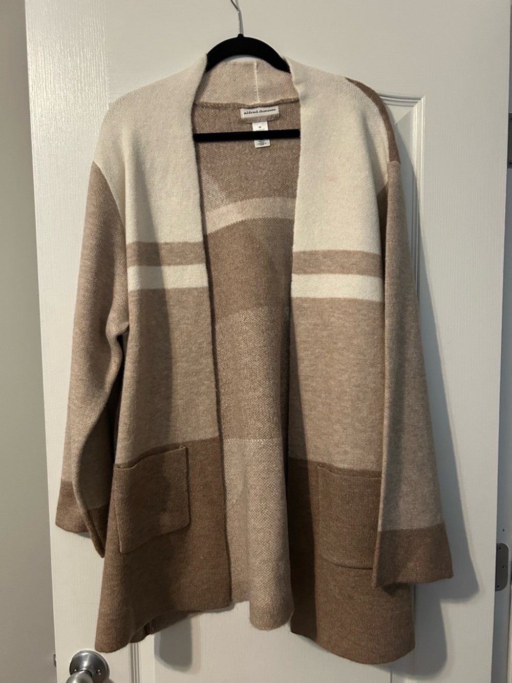 Alfred Dunner Cream and Brown Open-Front Striped Cardigan